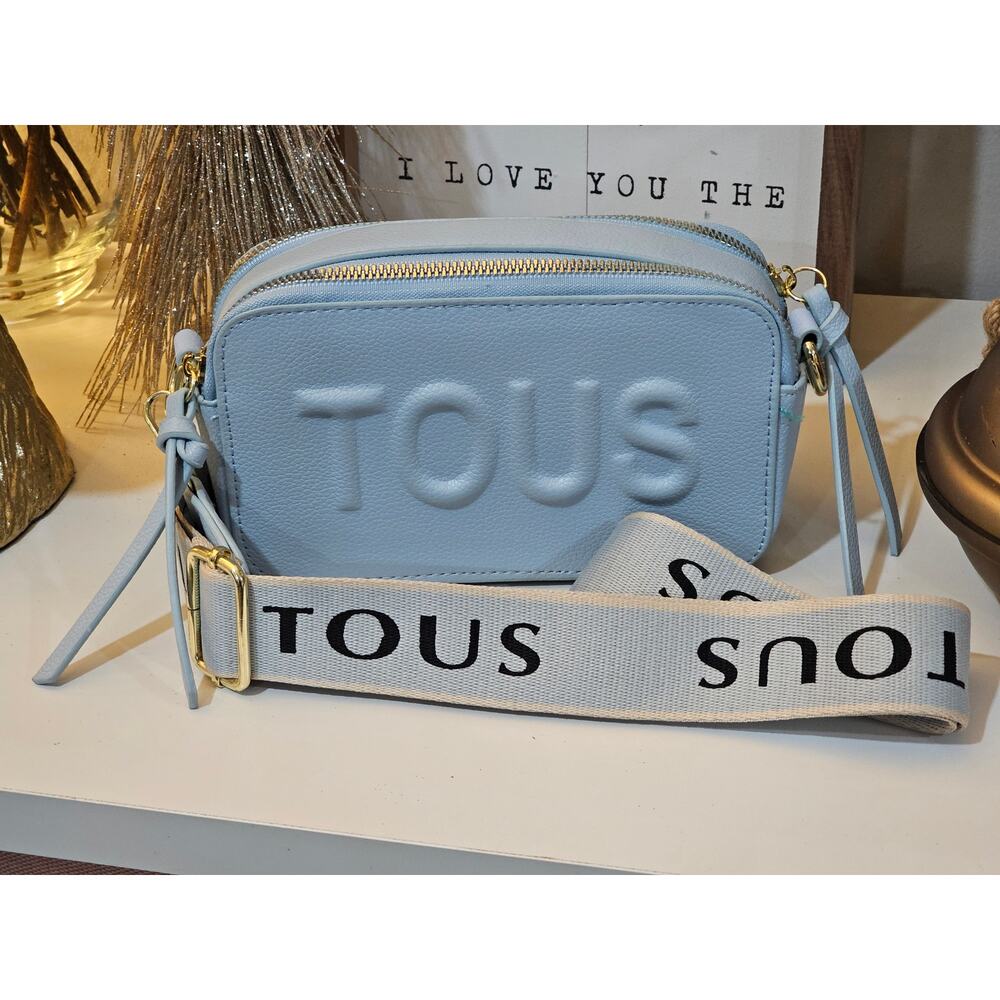 TOUS La Rue Crossbody Reporter Bag. Light Blue synthetic, Vegan leather